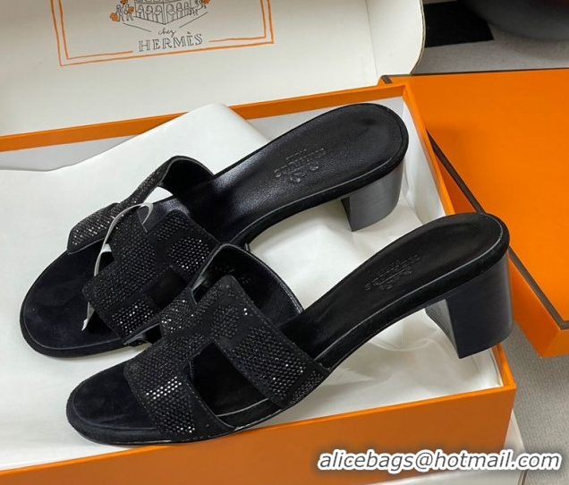 Classic Hot Hermes Classic Oasis Heel Slides Sandal 5cm in Suede and Strass Black 1023107