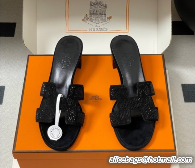 Classic Hot Hermes Classic Oasis Heel Slides Sandal 5cm in Suede and Strass Black 1023107