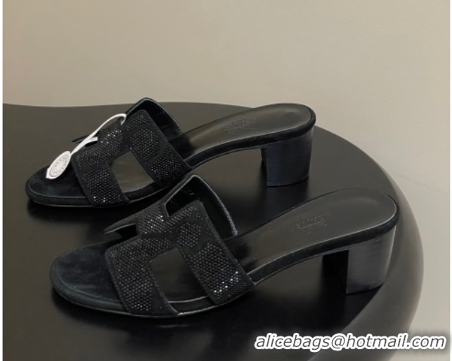 Classic Hot Hermes Classic Oasis Heel Slides Sandal 5cm in Suede and Strass Black 1023107