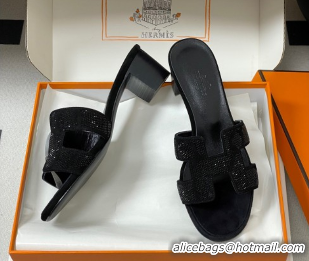 Classic Hot Hermes Classic Oasis Heel Slides Sandal 5cm in Suede and Strass Black 1023107