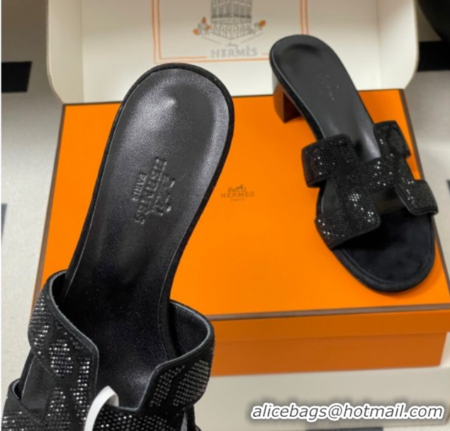 Classic Hot Hermes Classic Oasis Heel Slides Sandal 5cm in Suede and Strass Black 1023107