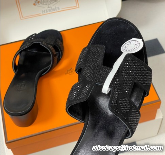 Classic Hot Hermes Classic Oasis Heel Slides Sandal 5cm in Suede and Strass Black 1023107