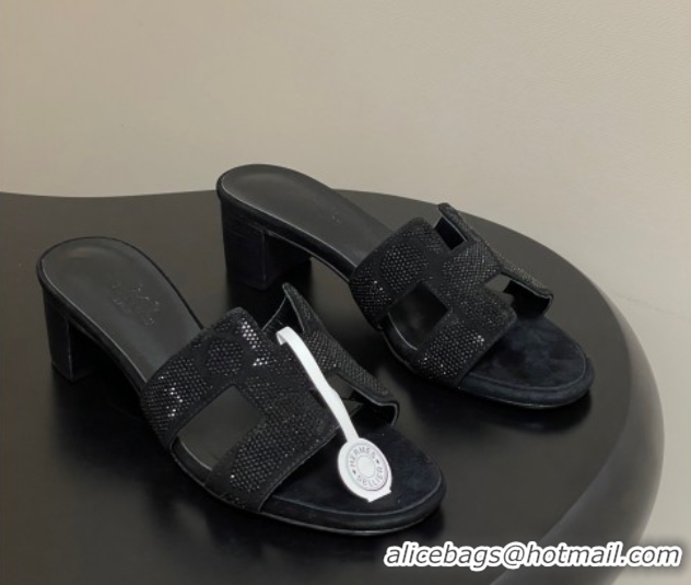 Classic Hot Hermes Classic Oasis Heel Slides Sandal 5cm in Suede and Strass Black 1023107