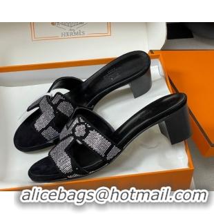Stylish Hermes Classic Oasis Heel Slides Sandal 5cm in Suede and Strass Black/Silver 1023108