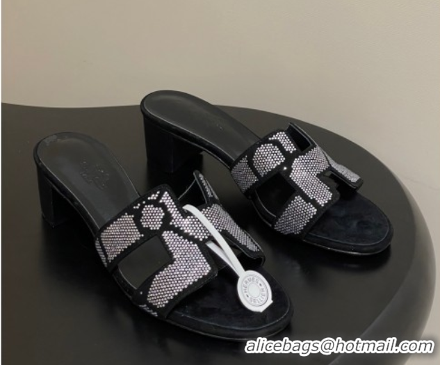 Stylish Hermes Classic Oasis Heel Slides Sandal 5cm in Suede and Strass Black/Silver 1023108