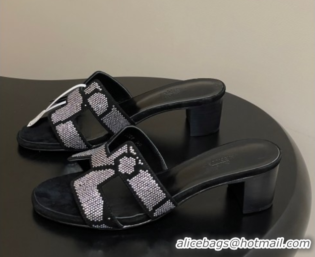 Stylish Hermes Classic Oasis Heel Slides Sandal 5cm in Suede and Strass Black/Silver 1023108