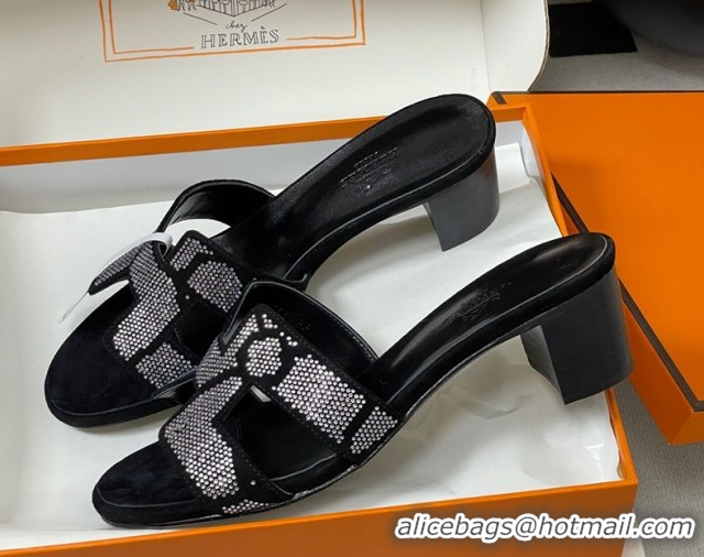 Stylish Hermes Classic Oasis Heel Slides Sandal 5cm in Suede and Strass Black/Silver 1023108