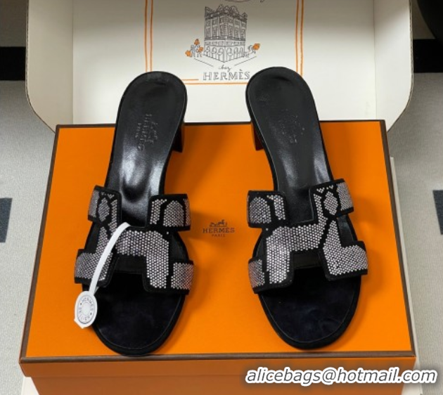Stylish Hermes Classic Oasis Heel Slides Sandal 5cm in Suede and Strass Black/Silver 1023108