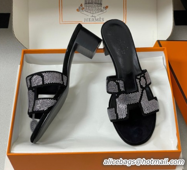 Stylish Hermes Classic Oasis Heel Slides Sandal 5cm in Suede and Strass Black/Silver 1023108