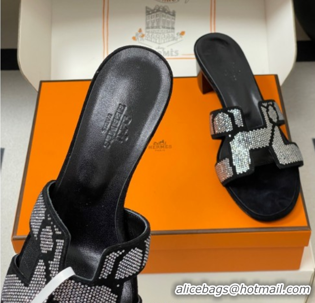 Stylish Hermes Classic Oasis Heel Slides Sandal 5cm in Suede and Strass Black/Silver 1023108