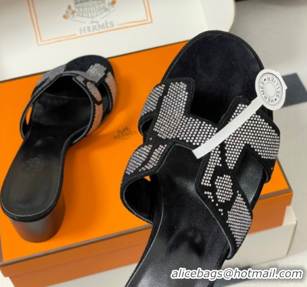 Stylish Hermes Classic Oasis Heel Slides Sandal 5cm in Suede and Strass Black/Silver 1023108