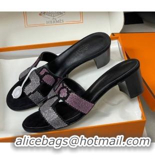 Shop Cheap Hermes Classic Oasis Heel Slides Sandal 5cm in Suede and Strass Black/Pink 1023109
