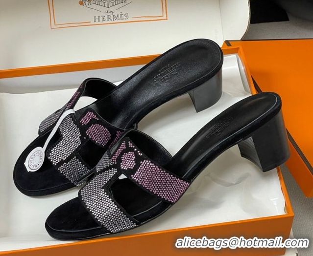 Shop Cheap Hermes Classic Oasis Heel Slides Sandal 5cm in Suede and Strass Black/Pink 1023109