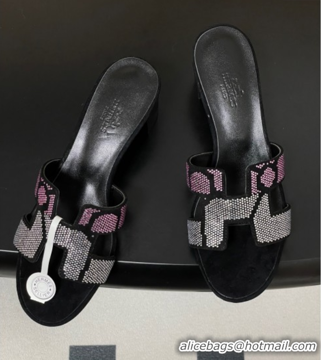 Shop Cheap Hermes Classic Oasis Heel Slides Sandal 5cm in Suede and Strass Black/Pink 1023109