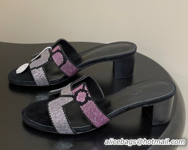 Shop Cheap Hermes Classic Oasis Heel Slides Sandal 5cm in Suede and Strass Black/Pink 1023109