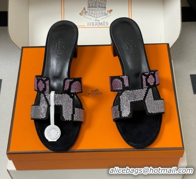 Shop Cheap Hermes Classic Oasis Heel Slides Sandal 5cm in Suede and Strass Black/Pink 1023109