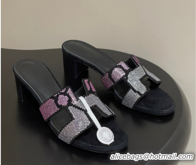 Shop Cheap Hermes Classic Oasis Heel Slides Sandal 5cm in Suede and Strass Black/Pink 1023109