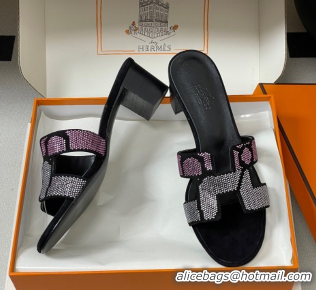Shop Cheap Hermes Classic Oasis Heel Slides Sandal 5cm in Suede and Strass Black/Pink 1023109
