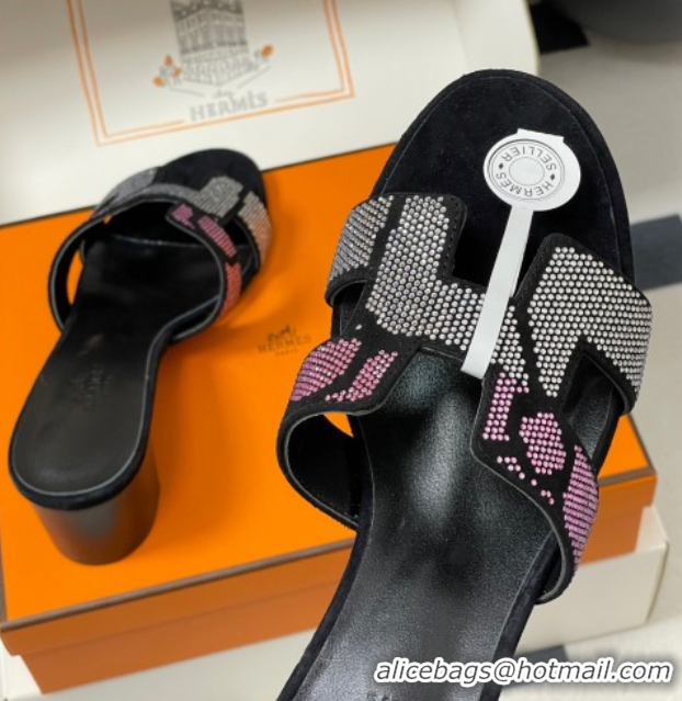 Shop Cheap Hermes Classic Oasis Heel Slides Sandal 5cm in Suede and Strass Black/Pink 1023109