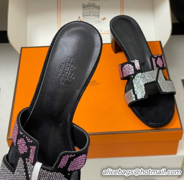 Shop Cheap Hermes Classic Oasis Heel Slides Sandal 5cm in Suede and Strass Black/Pink 1023109