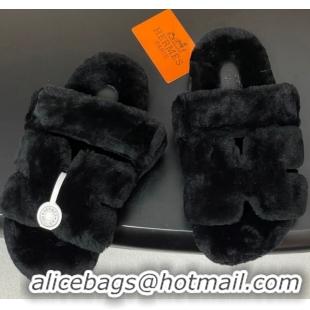 Sumptuous Hermes Chypre Flat Slides Sandal in Wool Black H102306 1023110