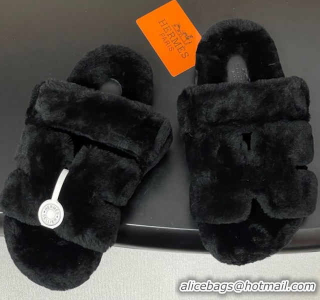 Sumptuous Hermes Chypre Flat Slides Sandal in Wool Black H102306 1023110