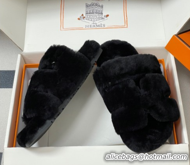 Sumptuous Hermes Chypre Flat Slides Sandal in Wool Black H102306 1023110