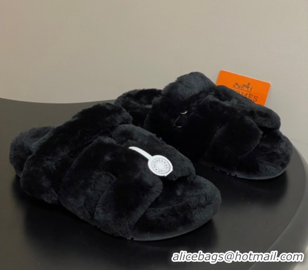 Sumptuous Hermes Chypre Flat Slides Sandal in Wool Black H102306 1023110