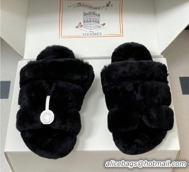 Sumptuous Hermes Chypre Flat Slides Sandal in Wool Black H102306 1023110