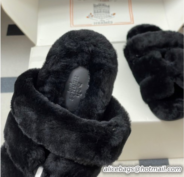 Sumptuous Hermes Chypre Flat Slides Sandal in Wool Black H102306 1023110