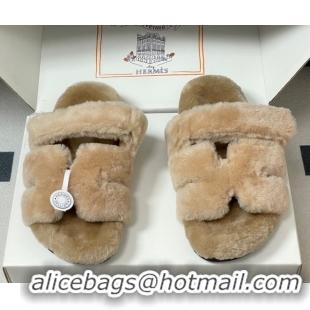 Best Grade Hermes Chypre Flat Slides Sandal in Wool Beige H102306 1023111