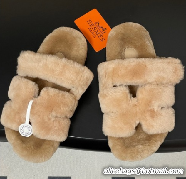 Best Grade Hermes Chypre Flat Slides Sandal in Wool Beige H102306 1023111