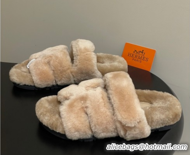 Best Grade Hermes Chypre Flat Slides Sandal in Wool Beige H102306 1023111
