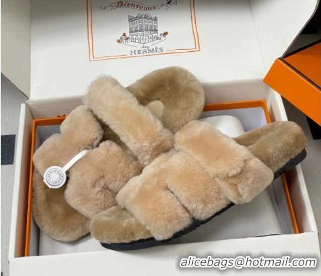 Best Grade Hermes Chypre Flat Slides Sandal in Wool Beige H102306 1023111