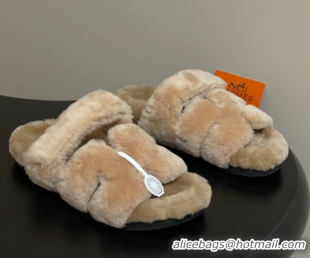 Best Grade Hermes Chypre Flat Slides Sandal in Wool Beige H102306 1023111