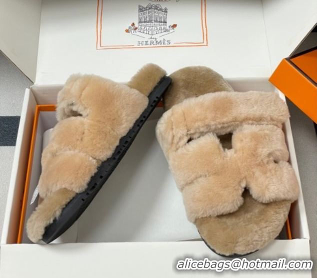 Best Grade Hermes Chypre Flat Slides Sandal in Wool Beige H102306 1023111