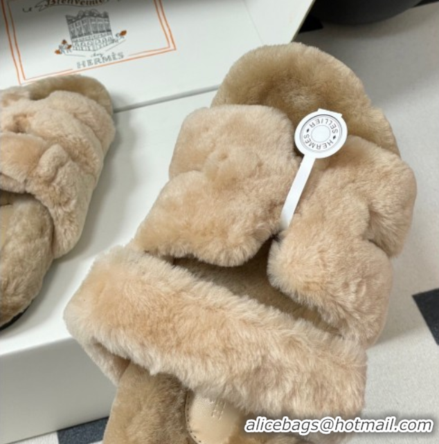 Best Grade Hermes Chypre Flat Slides Sandal in Wool Beige H102306 1023111
