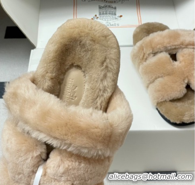 Best Grade Hermes Chypre Flat Slides Sandal in Wool Beige H102306 1023111
