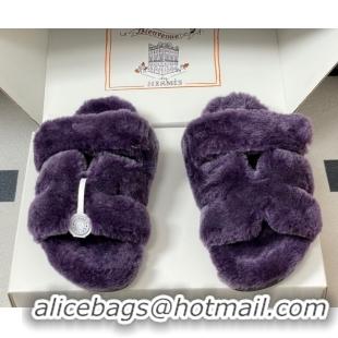 Big Discount Hermes Chypre Flat Slides Sandal in Wool Purple H102306 1023112