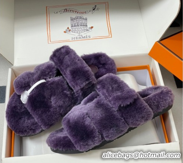 Big Discount Hermes Chypre Flat Slides Sandal in Wool Purple H102306 1023112
