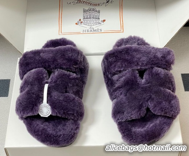 Big Discount Hermes Chypre Flat Slides Sandal in Wool Purple H102306 1023112