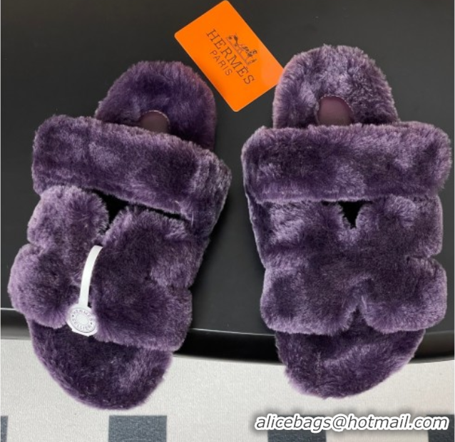 Big Discount Hermes Chypre Flat Slides Sandal in Wool Purple H102306 1023112