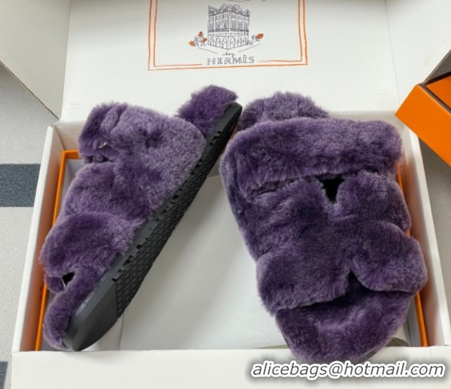 Big Discount Hermes Chypre Flat Slides Sandal in Wool Purple H102306 1023112