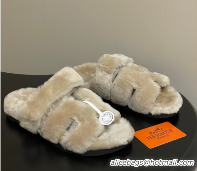 Perfect Hermes Chypre Flat Slides Sandal in Wool Grey H102306 1023113