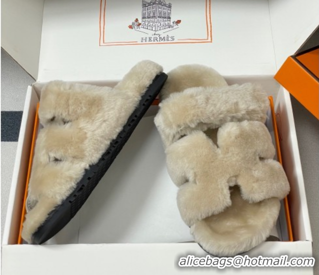 Perfect Hermes Chypre Flat Slides Sandal in Wool Grey H102306 1023113