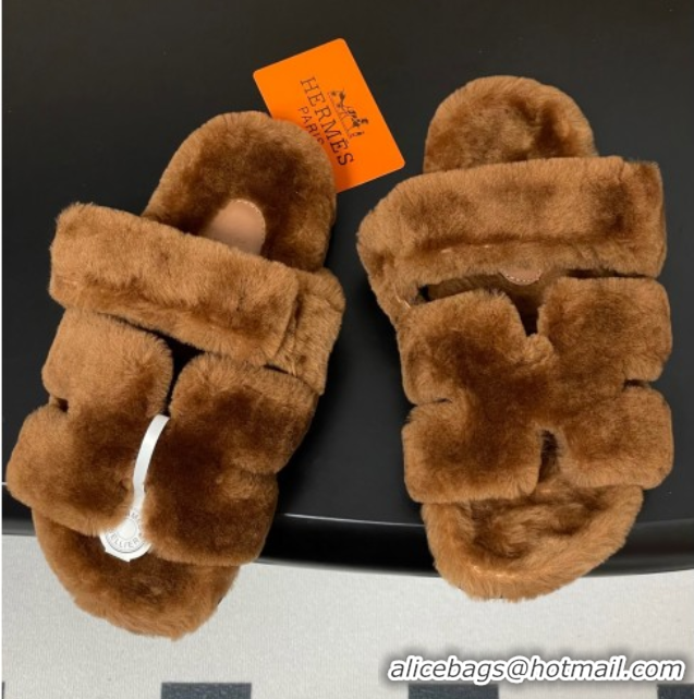 Fashion Luxury Hermes Chypre Flat Slides Sandal in Wool Brown H102306 1023114