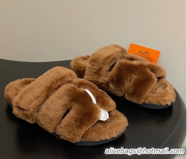 Fashion Luxury Hermes Chypre Flat Slides Sandal in Wool Brown H102306 1023114