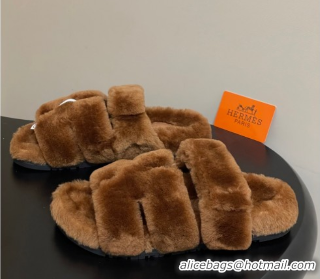 Fashion Luxury Hermes Chypre Flat Slides Sandal in Wool Brown H102306 1023114