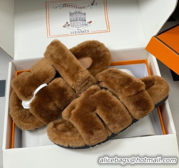 Fashion Luxury Hermes Chypre Flat Slides Sandal in Wool Brown H102306 1023114