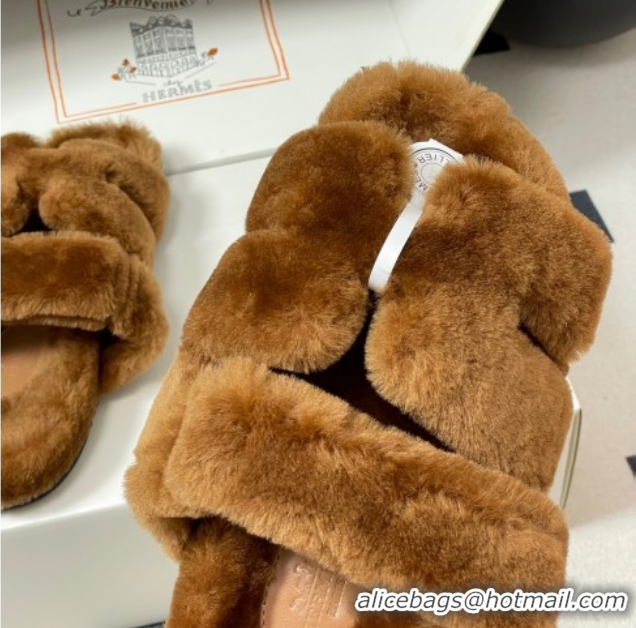 Fashion Luxury Hermes Chypre Flat Slides Sandal in Wool Brown H102306 1023114